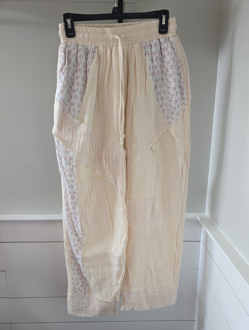 POL Cream Patchwork Pants with Pink Floral Panel